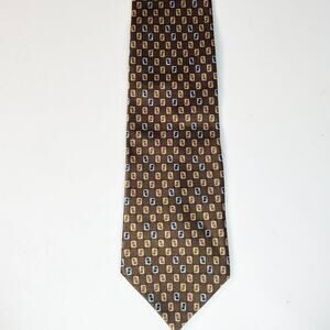 Puritan Stain Resistant Geometric Print Mens Neck Tie Tan Blue 100% Silk USA